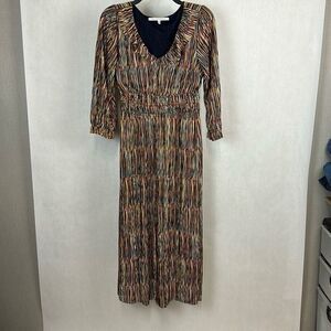 Collective Concepts Multicolor Dress Sz Small Midi V-Neck Ruffle 3/4 Sleeve Line
